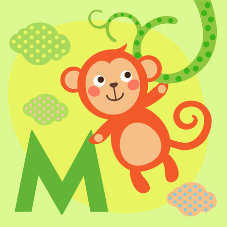 Cute animal alphabet for ABC book. Vector illustration of cartoon animals. Cute cartoon Monkey for M letterのイラスト素材
