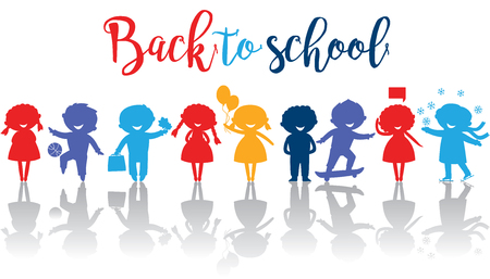 Back to school banner with cute school kids silhouetes.のイラスト素材