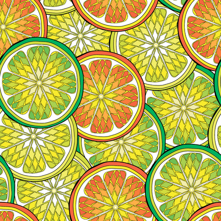 Seamless pattern with citrus tropical fruits. Lemon, orange, Amanatsu, Calamondin, citron, clementine, grapefruit, kabosu, kinnow, kumquat, mandarin, pomelo, tangerine, tangor, lime. Colorful design â Vector illustrationのイラスト素材