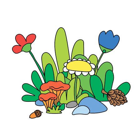 A cute illustration of forest flowers and mushrooms.のイラスト素材