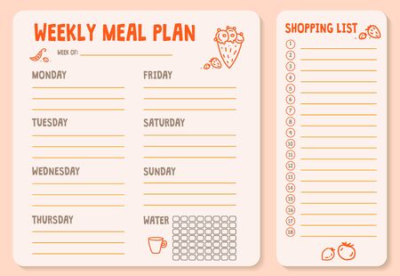 Weekly meal plan. Meal Plan for a week, calendar page, shopping list, water intake scheme.のイラスト素材