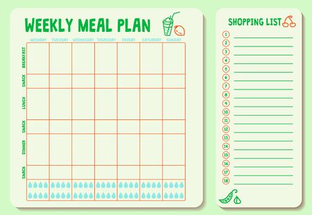 Weekly meal plan. Meal Plan for a week, calendar page, shopping list, water intake scheme.のイラスト素材