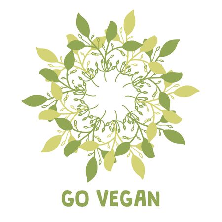 Wreath of green leaves with Go Vegan text. Suitable for ads, signboards, packaging and identity and web designs.のイラスト素材