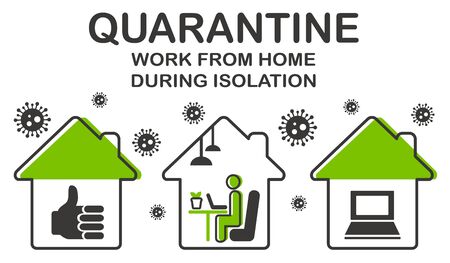 Self isolation concept. Young man working from home during Covid-19 quarantine. Stay home stay safe. Self-isolate from a pandemic. Remote work from home during Quarantine. Vector icon illustrationのイラスト素材
