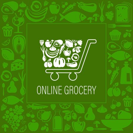 Vector Online grocery concept illustration.
Shopping cart with organic food icons: vegetables, fruits, fish, greens.のイラスト素材