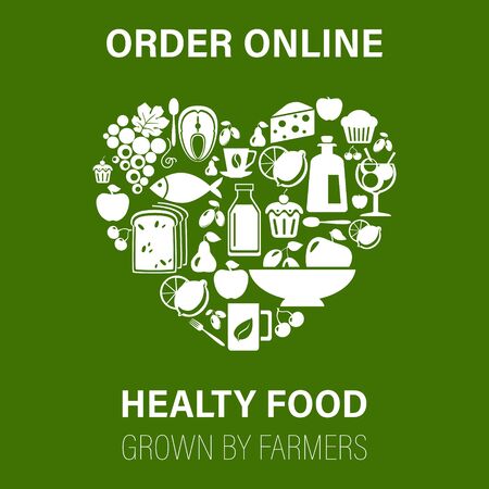 Heart shape with organic food icons: vegetables, fruits, fish, greens.のイラスト素材