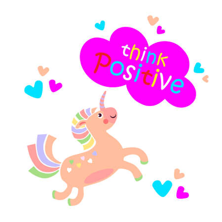 Cute baby unicorn with funny text think positive. Collection of hand drawn cute animals with speech bubbles end messages for birthday, party invitations, scrapbooking, T-shirt, cards, stickers. Vector illustrationのイラスト素材