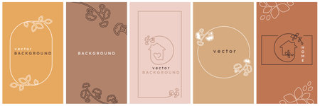 Vector design templates in simple modern style with flowers and leaves and copy space for text. Logo sign design template in simple linear style - home decor store emblem, scandinavian and minimal interior decoration, accessories and objects - house shape symbol, heart, leaves, framesのイラスト素材