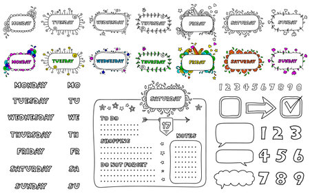 Numbers and days of week: Sunday, Monday, Tuesday, Wednesday, Thursday, Friday, Saturday. Cute Hand drawn Bullet journal elements for diary, notebook in a doodle style.のイラスト素材