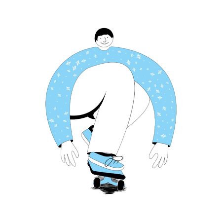 The illustration on a white background on which a man in a blue sweater and blue gym shoes with big arms and legs rides with his legs bent on a skateboardのイラスト素材