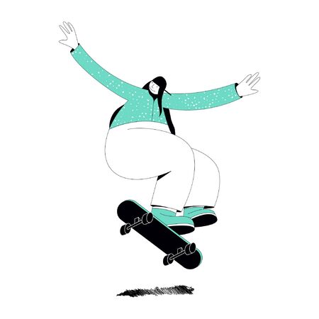 Illustration on a white background on which a girl in a green sweater and green gym shoes with big arms and legs jumps on a skateboardのイラスト素材