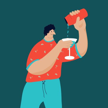 Vector illustration on a blue background. summer cocktail in flat style illustration. A guy in an orange T-shirt and blue trousers pours a cocktail from a shaker into a glassのイラスト素材