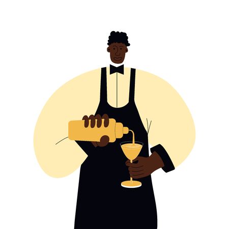 a dark-skinned barman in a yellow shirt and black apron pours a cocktail into a glass. Vector illustration in vlet styleのイラスト素材