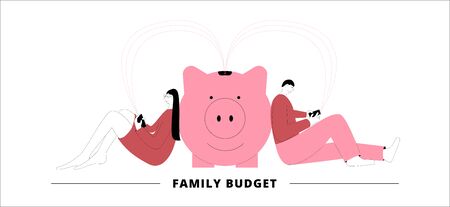 Vector concept in flat style. Husband and wife are sitting near piggy bank pigs and transferring money through the mobile application to the piggy bankのイラスト素材