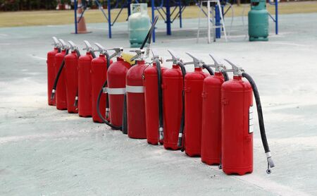 fire fighting training and used extinguisherの写真素材