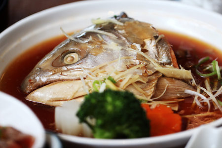 Japanese food set, steamed salmon head with soy sauce