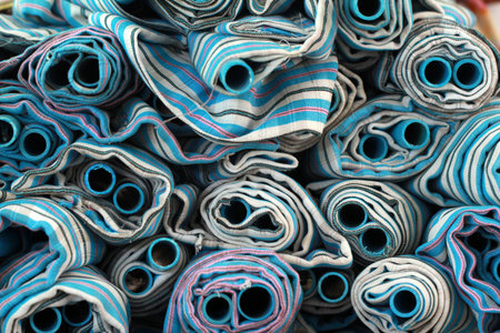 Abstract top view pattern of blue PVC pipes rolled inside striped canvas sheets.