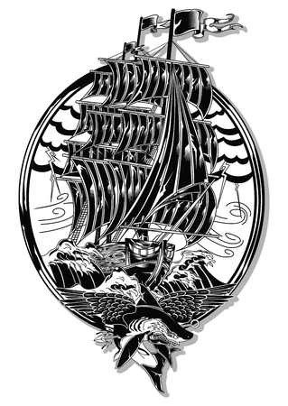 sailboat design tattoo old schoolのイラスト素材