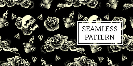 skull rose snake tattoo seamless patternのイラスト素材