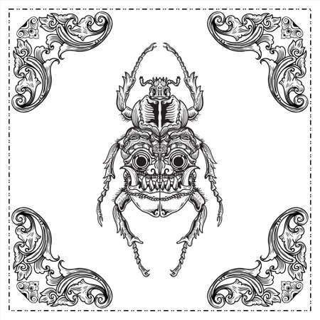 beetle engraving A deer beetle with a face and mask on the wings hand drawn illustration designのイラスト素材