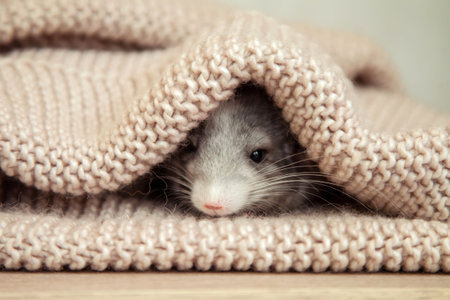 Our pets are small fluffy chinchillas peeks out from under a knitted soft blanket
