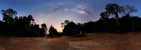Panorama, the Milky Way above the tree shadow during the Twilight Before sunrise, pagoda on the...
