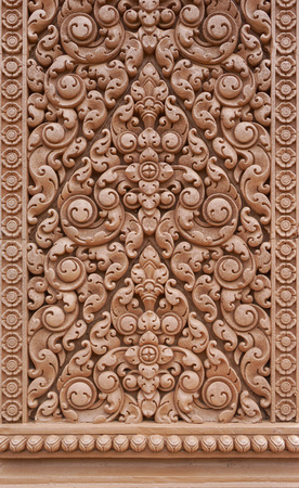 Wat Tham Phu Wa, Kanchanaburi, Thailand , May 12 2016 : Low relief sculpture, Thai pattern, wall mountedのeditorial素材