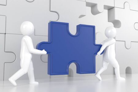 The character is wearing the last piece of the jigsaw puzzle to complete the mission. Includes selection path of floor and background.の写真素材