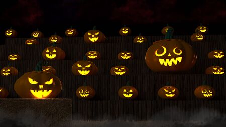 3D illustration, 3D rendering, The head of a scary demon pumpkin on the floor and wooden wallの写真素材