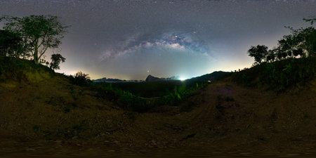 VR360 degree The Milky Way over the mountain in sea - Samed Nang Nee, Phang Nga Province, Thailandの写真素材