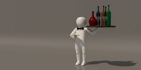 3d illustrator group of career symbols on a gray background, 3d rendering of the Waiter at...