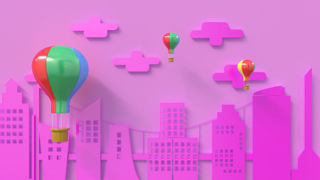 The balloon floating over the city, 3d rendering  paper cut , Graphic 3d illustrator