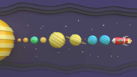 3D rendering, 3D illustrator, red spaceship, cartoon in space With planets and meteors