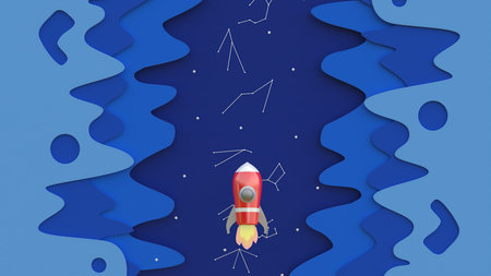 3d rendering, 3d illustrator, Cartoon red spaceship Rising into the sky through the night sky