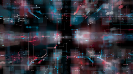 3D rendering, abstract geometric background, Line and Bokeh is blue and red colour, architectural...