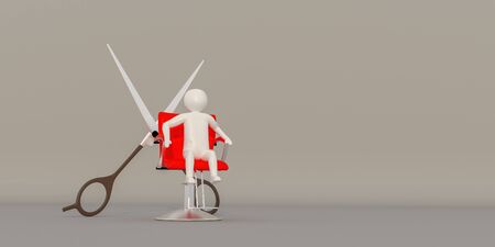 A scissors and red chair of the Beautician, The white character on the red chair. 3d renderingの写真素材