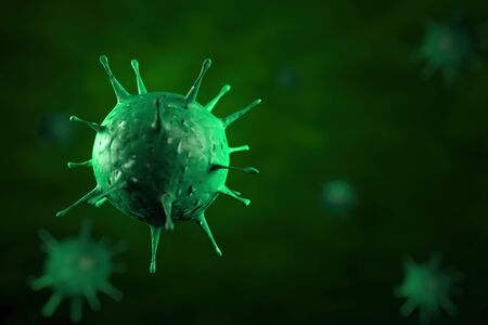 3d rendering Microscope virus close up. 3d illustration viruses causing infectious diseases, decreased immunity example: Hepatitis, H1N1, HIV, FLU, AIDS. Ð¡oncept of viral disease.の写真素材