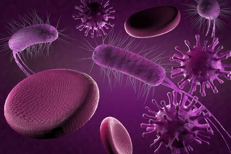3d illustration, close up of microscopic Virus, Bacteria and Red blood cellsの写真素材