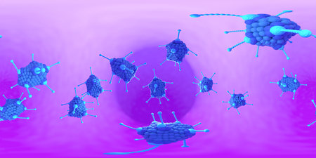3d rendering Microscope virus- bacteria close up.  Equirectangular  360 VR image.  The medical...