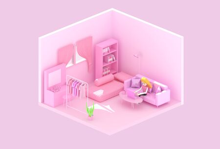 3d illustrator of a female cartoon character Using a laptop computer On the sofa in the pink room. Working at homeの写真素材