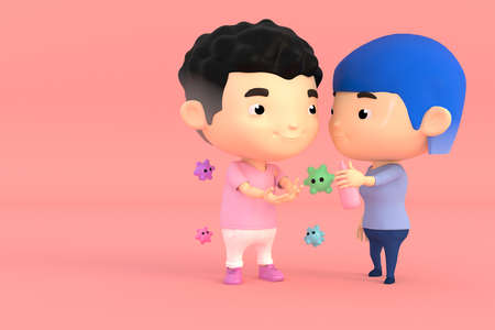 3d illustrator of cartoon characters. The girl is cleaning the hands for the boy To prevent germs and virusesの写真素材