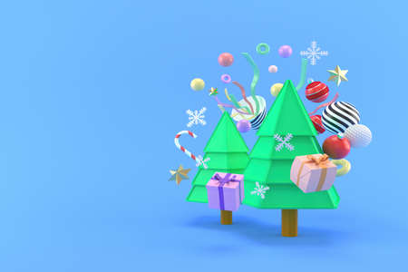 3d illustration of gift boxes and trees for new year and christmas holidaysの写真素材