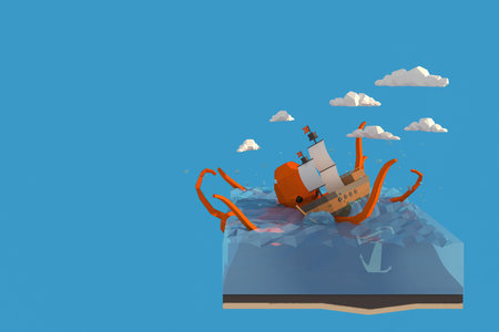 3D illustrator of giant squid attack ship. 3D rendering of a low polygon model including path selectionの写真素材