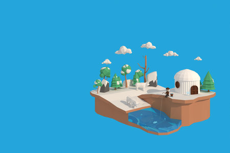 3D illustrator The house in winter. 3d rendering Low Polygon Geometry. Lowpoly Minimal Style Art.