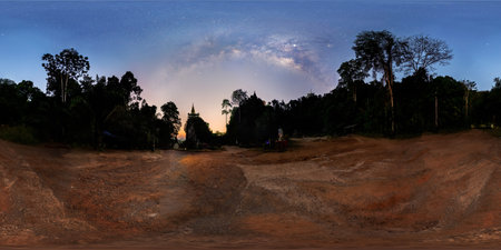 Panorama VR360, the Milky Way above the tree shadow during the Twilight Before sunrise, pagoda on the hilltopの写真素材