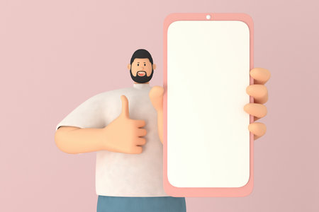A male character presentation   on the mobile white screen. 3d rendering of business models. Includes paths at the screen surface.の写真素材