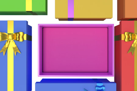 3d Rendering Christmas or new year elements background with decorative gift boxes. Colorful gifts for holidays. Modern design.の写真素材