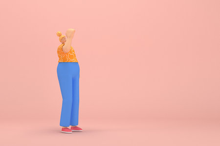 The woman with golden hair tied in a bun wearing blue corduroy pants andOrange T-shirt with white stripes.  She is expression  of hand when talking. 3d illustrator of cartoon character in acting.の写真素材