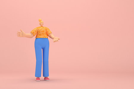 The woman with golden hair tied in a bun wearing blue corduroy pants andOrange T-shirt with white stripes.  She is expression  of hand when talking. 3d illustrator of cartoon character in acting.の写真素材