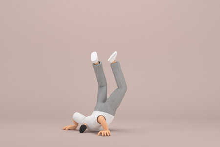 The man with beard wearinggray corduroy pants and white collar t-shirt.  He is doing exercise.  3d illustrator of cartoon character in acting.の写真素材